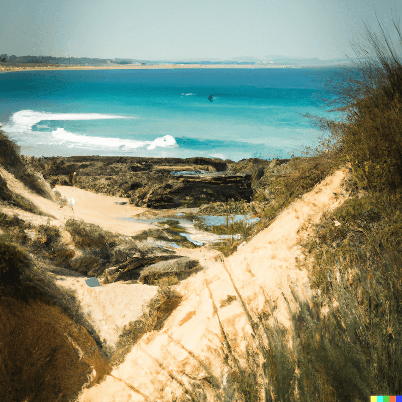 Algarve in Portugal, south coast during spring time, surfer in the distance, uplifting mood.