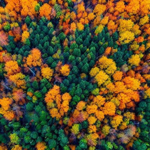 German forest in autumn, orange leaves and blue clear sky.