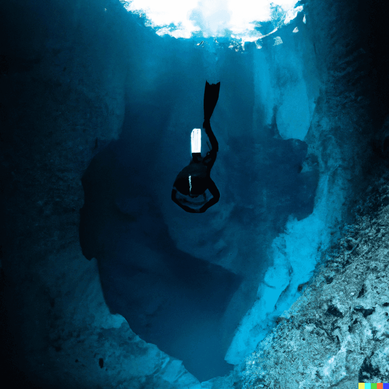 Freediver deep in a massive sinkhole, floating upright, seen from the side.