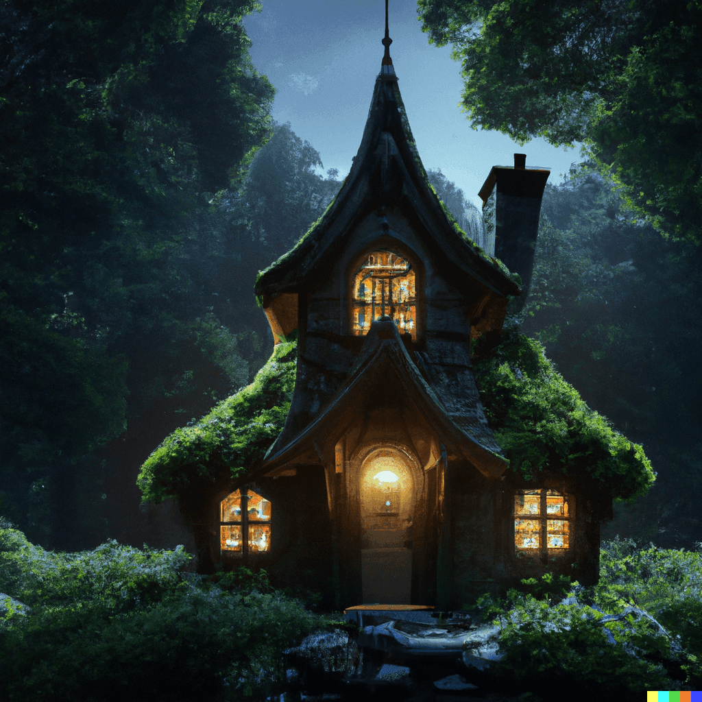 A fairytale house in a dark forest, high quality.