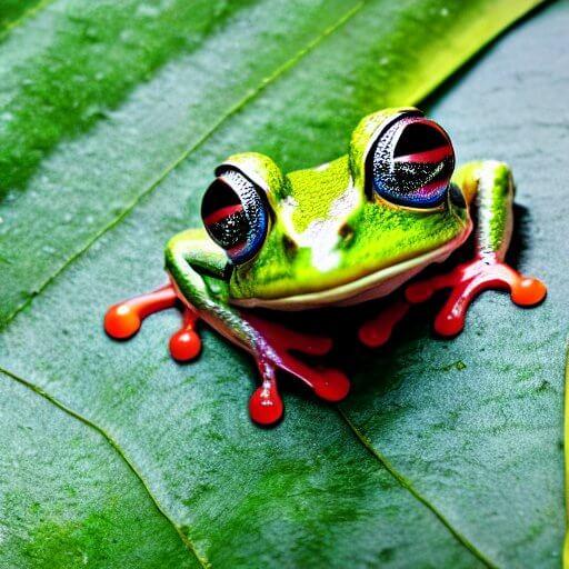 A colorful frog on a leaf, looking curiously at the camera, dense jungle in the background