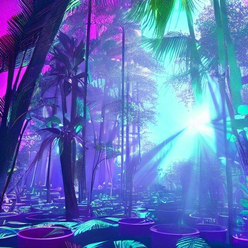 A 3d render of a synthwave neon jungle forest, lush and dense, monkeys playing, sun shafts