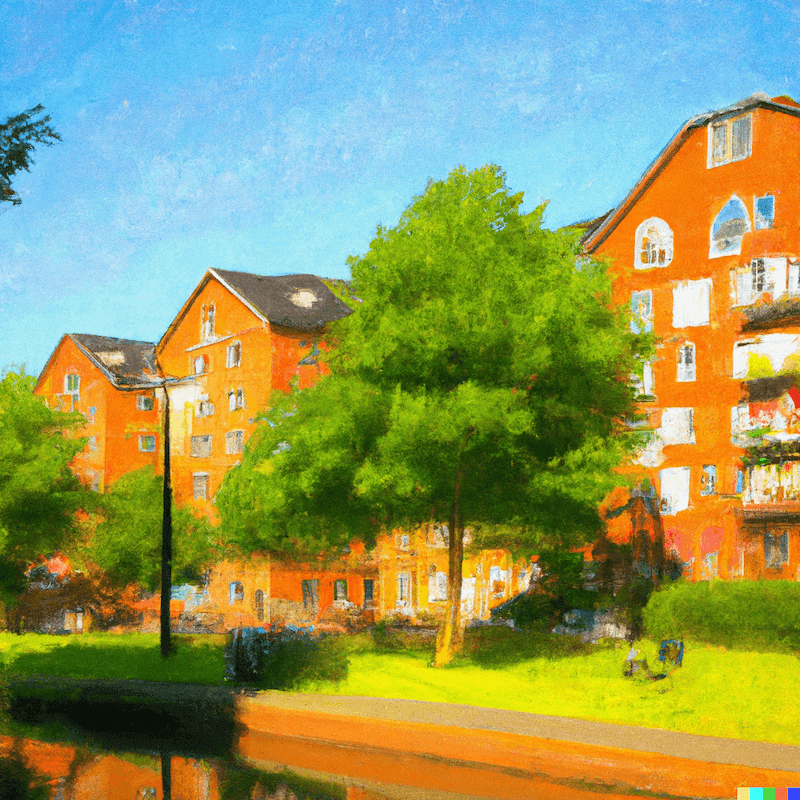 Mühlenkamp in Hamburg, Germany, sunny disposition, oil painting.