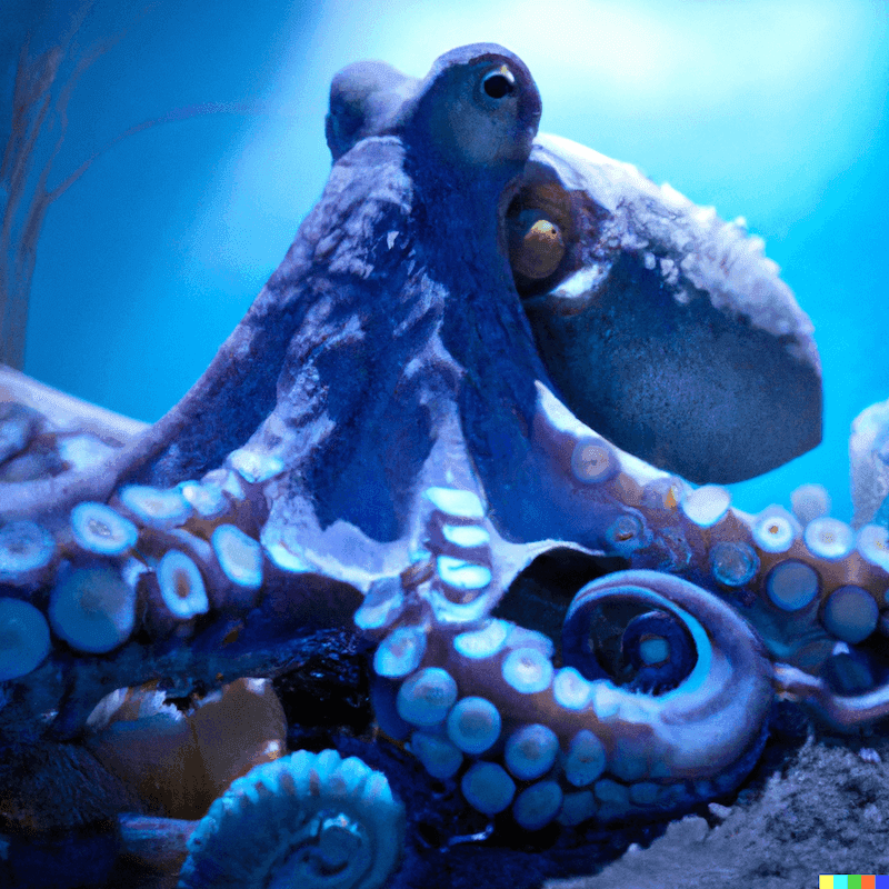 A photorealistic octopus in an underwater scene.