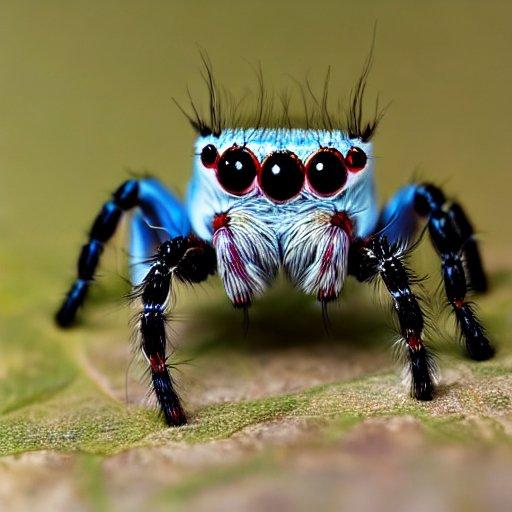 A colorful jumping spider with huge eyes.