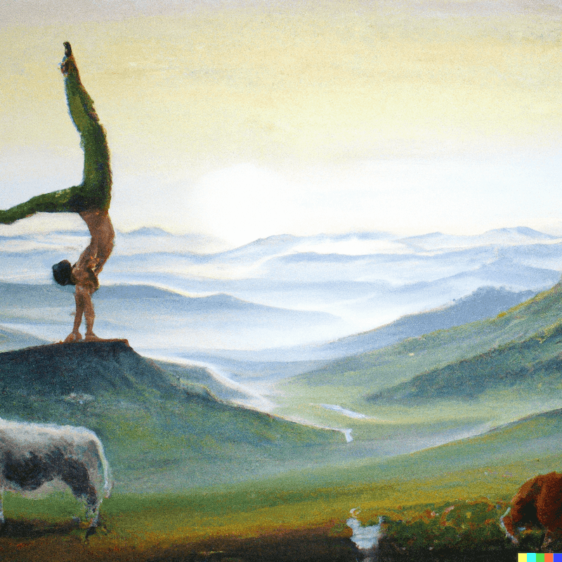 A yoga teacher in powerful Mayurasana pose, early morning on a mountain plateau, wide views, animals around, oil painting.